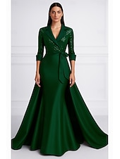 abordables Robes de smoking-Robe de Soirée A-Line Noir et Blanc Sequins Élégante Robe Blazer Formelle Mariage Longueur au Sol Manches 3/4 Col Chemise Poche Satin avec Nœud(x) Perles