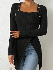 cheap Plain tee-Women's T Shirt Tee Top Buttons Asymmetrical Solid Color Elegant Fashion Long Sleeve Square Neck Regular Tops Daily Weekend Black Brown Rose Pink Gray Spring Fall