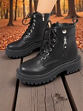 baratos Botas de combate-botas de combate femininas com cadarço - botas de cano curto com sola grossa, zíper lateral e detalhe de tira para roupas urbanas de rua e moda casual