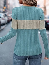 Недорогие Простые блузки-Жен. Вязаная ткань Пуловер Повседневные Стиль На каждый день Контрастных цветов Рельефный узор Вырез под горло Трикотаж Длинный рукав Обычные топы Вязать Повседневные Праздники На выход