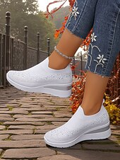 preiswerte Damen-Sneaker-Pinke Flyknit-Slip-On-Sneaker mit Strasssteinen für Damen – atmungsaktive, leichte Keilschuhe zum Spazierengehen, für Fitness und den lässigen Alltag