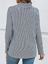 billige Stripe og geometrisk t-skjorte-Dame T skjorte Grafisk Stripet Årgang Stilfull Fritid Langermet V-hals Vanlige topper Daglig Helg Knapper Trykt mønster Navyblå Høst Vinter