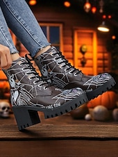 abordables Pour les femmes-Bottines de combat à talons épais pour femmes, motif tête de mort d&#039;Halloween et toile d&#039;araignée – bottines gothiques à lacets pour cosplay, porte-bonheur et mode automnale effrayante
