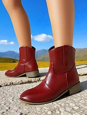 abordables Cowboy y botas occidentales-Botines de piel sintética color vino tinto para mujer: botas cortas de tacón bajo estilo western informal para el trabajo, viajes y atuendos cotidianos.
