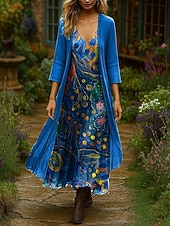 abordables Robe Fleurie-Femmes Robe Ensemble Robe Maxi Robe trapèze Vacances Boho Fleuri Graphique Superposé Imprimé Robe maxi Manche 3/4 Col en V Extérieur Quotidien bleu marine Bleu Orange Été Printemps Coupe régulière