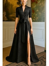 economico Abiti da Sera a Linea A-abito da sera elegante in broccato jacquard con cravatta nera, abito formale da sposa, lunghezza al pavimento, manica a 3/4, scollo a V, tasca in nylon con fiocco/i, spalline 2025