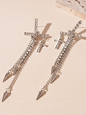 economico Orecchino da donna-orecchini pendenti a croce con strass da donna - orecchini pendenti a punta con catena lunga in stile punk gotico per abiti da festa, discoteca e concerto