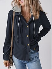 abordables chaqueta con capucha-Mujer Chaqueta con capucha Cómodo Transpirable Botones Casual Plano Vacaciones Calle Casual Ropa Cotidiana Botonadura Simple Regular Con Capucha Ajuste regular Manga Larga Ropa de calle Azul marinero