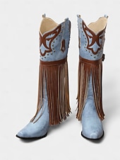 billige Cowboy og vestlige støvler-Blå og brune cowboystøvler med westernfrynser til dame – knehøye støvler med broderi i imitert skinn for rodeo-stil, countrykonserter og festivalantrekk