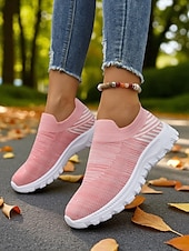 levne Dámské tenisky-Dámské růžové flyknit nazouvací tenisky s bílou podrážkou – ležérní lehká vycházková obuv na fitness, cestování i každodenní nošení
