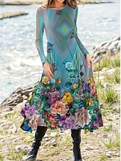 abordables Robes fleuries décontractées-Femmes Robe maxi Robe ajustée et évasée Vacances Occasionnel Boho Soirée Quotidien Sortir Coupe régulière Fleuri Graphique À pois manche longue Col ras du cou Noir Marron clair Bleu Violet Automne