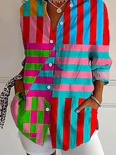  Womens Hemd Leinenähnlich Atmungsaktiv Leicht Floral Grafik Vintage Tropisch Stylisch Lange Ärmel Hemd Kragen Reguläre Oberteile Arbeit Tägliche Patchwork Knöpfe Druck Regenbogen Sommer Frühling