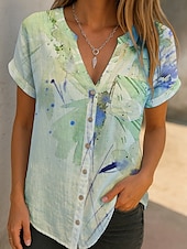 בגדי ריקוד נשים חולצה פרח מודרני יום יומי שרוולים קצרים צווארון V חולצות רגילות יומי חגים כפתורים דפוס ירוק דשא פול סגול תלתן סתיו זול חולצות פרחוניות-בגדי ריקוד נשים חולצה פרח מודרני יום יומי שרוולים קצרים צווארון V חולצות רגילות יומי חגים כפתורים דפוס ירוק דשא פול סגול תלתן סתיו