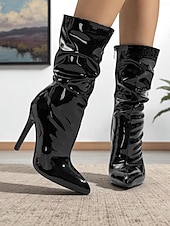 levne Slouch Boots-Dámské červené lakované kotníkové boty na jehlovém podpatku z umělé kůže se zapínáním na zip - stylová obuv na podpatku pro každodenní nošení, do nočních klubů i na diskotéku