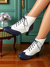 olcso 1950-es évek-női 1950-es évekbeli vintage oxford bokacsizma – kétszínű, fűzős, brogue sarkú, szárnyas hegyű kialakítású, edward stílusban, retró öltözékekhez, cosplayhez, teadélutánokhoz és mindennapi viselethez.