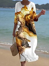 preiswerte Kunst &amp; Design Kleid-Damen Maxi Kleid Kaftan 3/4 Länge Ärmel Rundhalsausschnitt Lässiges Shift Kleid A-Linie Kleid Kleid Boho Alltag Urlaub Date Reguläre Passform Grafisch Geometrisch Abstrakt Gelb Blau Grün Frühling
