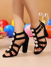 abordables Fête de la Vie Nocturne-Sandales à talons compensés en daim noir pour femmes - Chaussures de soirée à bout ouvert et à lanières avec ornements en perles et strass, chaussures chics pour la vie nocturne, les clubs et les