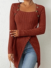 cheap Plain tee-Women's T Shirt Tee Top Buttons Asymmetrical Solid Color Elegant Fashion Long Sleeve Square Neck Regular Tops Daily Weekend Black Brown Rose Pink Gray Spring Fall