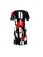 levne Pruhované a geometrické šaty-Elegantní dámské večerní midi šaty s krátkým rukávem a výstřihem do krku A-line šaty ležérní boho každodenní regular fit grafika geometrická károvaná černá léto jaro podzim