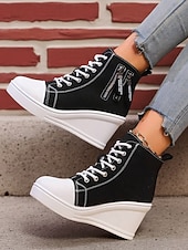 tanie Trampki damskie-damskie buty sportowe na koturnie z denimu, sznurowane z przodu i zapinane na suwak z boku, codzienne buty na wysokiej platformie do noszenia na co dzień