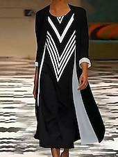 billige Stripete og geometrisk kjole-Dame Kjolesett Maxikjole Skiftkjole Sommerkjole Fritid Grafisk Geometrisk Multi Layer Trykt mønster Maxikjole 3/4 ermer Crew-hals Daglig Svart Blå Oransje Vår Høst Løstsittende