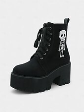 abordables Pour les femmes-Bottines gothiques à plateforme en daim noir pour femmes - Bottines à lacets et talons épais avec broderie squelette pour Halloween et cosplay d&#039;automne &amp;tenue de fête