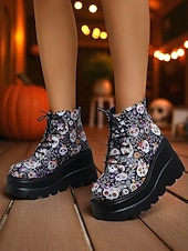 baratos Para mulheres-Botas femininas pretas plataforma com cadarço e caveira - botas góticas de cano curto com sola grossa para festas de outono, cosplay e dia dos mortos