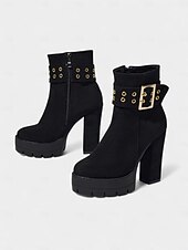 baratos Botas com salto-bota feminina plataforma de camurça preta com salto grosso e fivela dourada &amp;fecho de zíper - festa ousada &amp;calçados de concerto para looks de outono e inverno