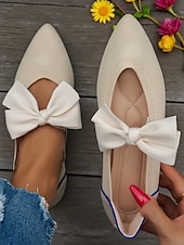 olcso Női lapos sarkú cipők-női sárga flyknit lapos talpú cipő masnival – légáteresztő, könnyű, hegyes orrú cipő mindennapi viseletre és piknikezésre