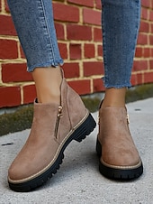 abordables Bottines-Bottines grises en similicuir pour femme – fermeture zippée latérale, semelle crantée antidérapante, style streetwear automne-hiver élégant