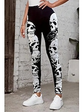 tanie -Legginsy damskie na wakacje vintage mody pełna długość wysoki stan grafika czaszki miękka oddychająca rozciągliwa na zewnątrz wakacyjna ulica czarna biała czarno-biała wiosna jesień zima slim fit