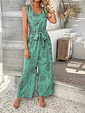 cheap Vacation Jumpsuit-Women's Normal Jumpsuit Active Geometric Sleeveless Wide Leg V Neck Lace up Print Daily Vacation Loose Fit Black Red Green Summer