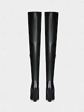 cheap Fashion Boots-Women's Black Faux Leather Over-the-Knee Boots - High Block Heel, Side Zipper, Chic Street Style Winter Footwear for Daily, Nights Out and Fashion Events