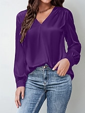 preiswerte Elegante Oberteile-Damen Hemd Bluse Einfach Modern Lässig Langarm V Ausschnitt Normale Oberteile Täglich Ferien Ausgehen Gerafft Schwarz Weiß Gelb Rosa Wein Herbst