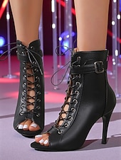 baratos Festa da Vida Noturna-Botas femininas pretas de salto alto com cadarço e bico fino - botas de salto alto com fivela para festas noturnas e trajes de clube