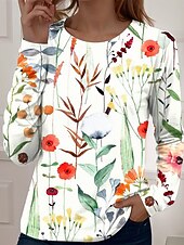 abordables T-shirt floral-Femmes T-shirt Fleuri Graphique Dégradé Élégant ancien Classique manche longue Col ras du cou Col rond Hauts Réguliers Quotidien Sortir Week-end Imprimé Blanche Été Printemps Automne Printemps