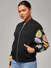 preiswerte Überbekleidung für Damen-Damen Bomberjacke Casual Street Patchwork Kürbis Print Mikro - elastischer Strukturstoff Schwarz Polyester Elasthan