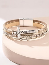 levne Dámský náramek-Dámský vícevrstvý náramek s křížkem a kamínky – inspirativní „požehnaný“ náramek z umělé kůže pro běžné nošení, do kostela i na zvláštní příležitosti