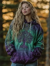 billige Boho topper-Dame Pullover hettegenser-genser Grafisk Stamme Fritid Langermet Med hette Vanlige topper Festkveldsklær Gate Hverdag Grønn Vår Høst Vinter