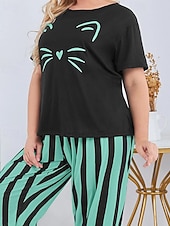 Per donna Attivo Blusa Set di Pantaloni Manica Corta Girocollo Gatto A righe Stampato Vacanza Casual Quotidiano Nero Giallo Rosa Autunno Vestibilità regolare economico Abiti da donna con camicetta-Per donna Attivo Blusa Set di Pantaloni Manica Corta Girocollo Gatto A righe Stampato Vacanza Casual Quotidiano Nero Giallo Rosa Autunno Vestibilità regolare