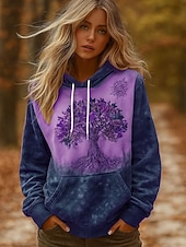baratos Arte &amp; Design Tops-Mulheres Pulôver Moletom Com Capuz Gráfico Bloco de cor Casual Manga Longa Com Capuz Tops regulares Traje de festa para noite Rua Dia a Dia Azul Roxo Verde Cinzento Primavera Outono Inverno