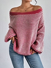 preiswerte Grafische Muster und Details-Damen Pullover Lässig Weich Gestreift Gerippt U-Boot-Ausschnitt Gestrickt Langarm Normale Oberteile Stricken Outdoor Täglich Wochenende Schwarz Rote Herbst Winter