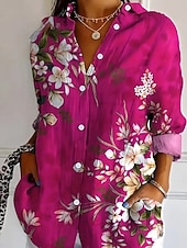 cheap Floral Blouses-Women's Shirt Linen Like Breathable Lightweight Floral Graphic Elegant Bohemia Daily Long Sleeve Shirt Collar Regular Tops Work Daily Buttons Print Red Spring Fall Winter