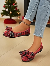 economico Ballerine da donna-ballerine da donna a quadri rossi con grande fiocco – ballerine casual in stile natalizio per feste, shopping e outfit quotidiani
