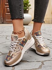 economico Sneakers da donna-sneakers con zeppa dorate da donna – scarpe da ginnastica con plateau e lacci con stampa etnica per abbigliamento casual da strada e viaggi del fine settimana