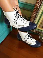 olcso 1950-es évek-női 1950-es évekbeli vintage oxford bokacsizma – kétszínű, fűzős, brogue sarkú, szárnyas hegyű kialakítású, edward stílusban, retró öltözékekhez, cosplayhez, teadélutánokhoz és mindennapi viselethez.