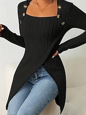 cheap Plain tee-Women's T Shirt Tee Top Buttons Asymmetrical Solid Color Elegant Fashion Long Sleeve Square Neck Regular Tops Daily Weekend Black Brown Rose Pink Gray Spring Fall