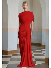 abordables BLEU-Robe de soirée colonne Bébé Robe élégante Robe formelle Invité de mariage Longueur sol Manches courtes Col haut Spandex avec châle drapé