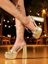 cheap Nightlife Party-Women&#039;s Gold Platform Strappy High Heel Sandals - Metallic Chunky Heel Party Shoes for Nightclub and Evening Events