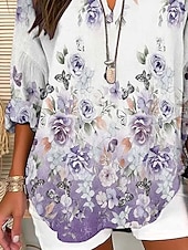 abordables Blusas Florales-Blusa de Mujer Similar al Lino Transpirable Ligera Floral Gráfico Vintage Diaria Estilosa Manga Larga Cuello en V Cuello Cortado Tops Regulares Ropa Diaria Estampado Púrpura Claro Violeta Primavera
